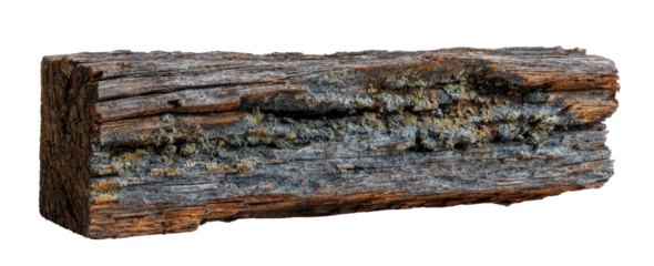 Close-up of a weathered, decaying log section.  Grayish-white mold or fungus covers the wood's surface.  Visible wood grain and texture