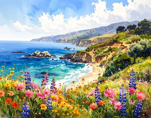 Obraz premium Vibrant coastal landscape with wildflowers