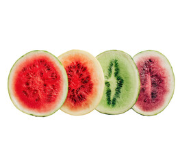 Four slices of watermelon in different colors, arranged horizontally