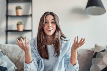 Happy cheerful student talking to the camera, connecting in conference video call with coworkers or friends. Having fun telling distance family her new experiences