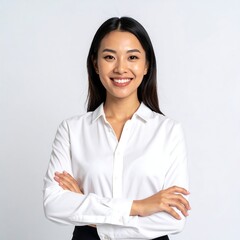 Smiling woman in white shirt, arms crossed