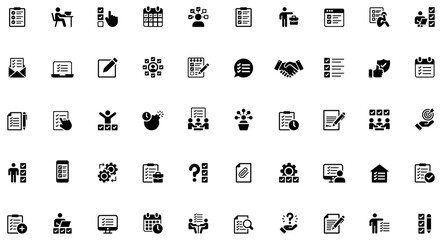  Task and project management solid glyph vector illustration icon set. Features checklist, schedule, workflow, to do list, calendar, schedule symbols. Perfect for productivity, dashboard, presentation