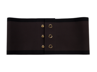 Black corset waist belt with gold metal eyelets isolated on transparent background as stylish fashion accessory for women