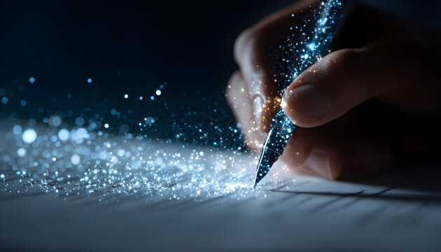 Person signing document, glowing particles emanating from pen.