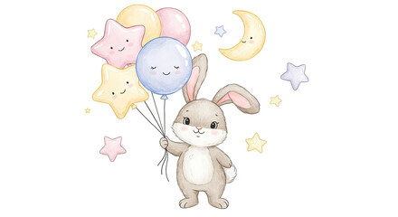 Obraz premium Adorable Grey Bunny Holding Pastel Balloons with Stars and Moon on a Soft Pink and Yellow Background for Children's Wall Art