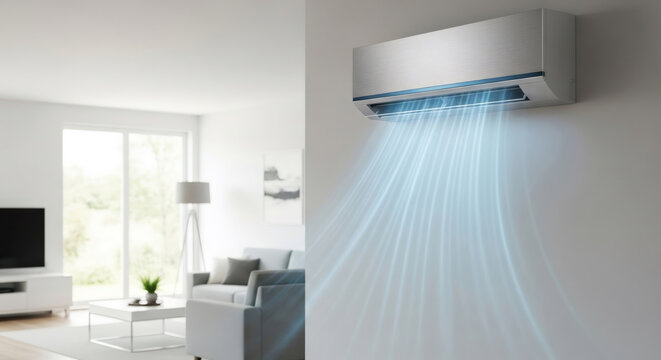 Air conditioner on wall providing cool air in a bright modern living room. Cooling appliance for comfortable home environment.