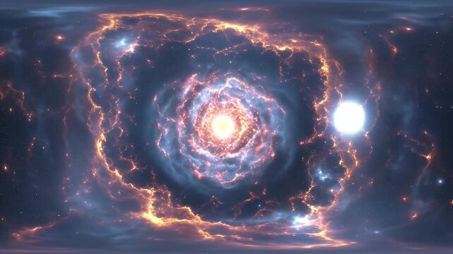 A 360-degree panoramic or VR view of a swirling cosmic nebula vortex in deep outer space.