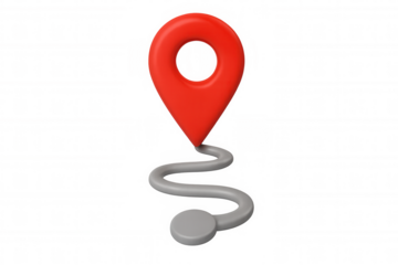 Location pin marking endpoint of winding path, 3d rendering against transparent backdrop, highlighting travel and navigation themes