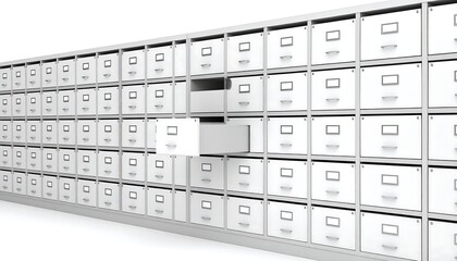 Organized filing cabinets, one drawer open