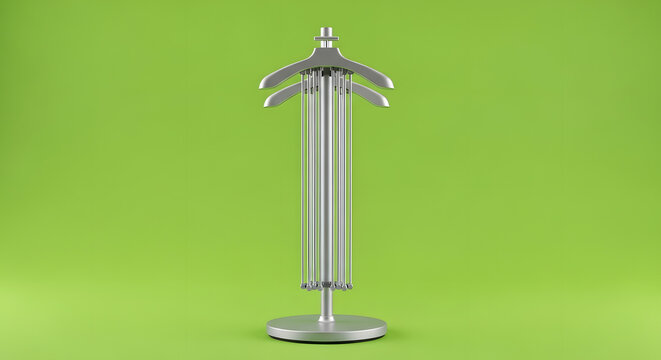 Silver metal clothes hanger stand on a green background. - Powered by Adobe