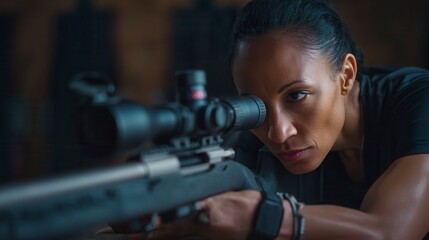 Focused Black female adult agent aiming sniper rifle with scope in dark tactical environment, intense concentration visible as she prepares for mission in military or law enforcement operation