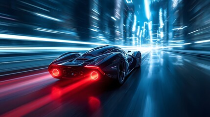 Futuristic cyberpunk sports car racing at high speed through neon city lights at night, symbolizing technology, innovation, acceleration, sci fi atmosphere, and future transportation concept