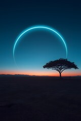 Beautiful twilight desert landscape with silhouette of acacia tree under crescent moon at colorful sunset, symbolizing solitude, serenity, wilderness, night sky, and nature background