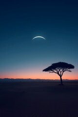 Beautiful twilight desert landscape with silhouette of acacia tree under crescent moon at colorful sunset, symbolizing solitude, serenity, wilderness, night sky, and nature background