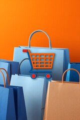 Shopping cart icon with paper bags on bright orange background, symbolizing online shopping, retail commerce, consumerism, purchase, sale, e commerce, and modern marketing design