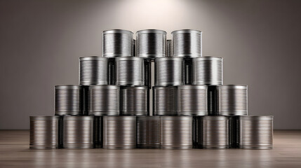 Stack of canned food forming a pyramid shape on wooden floor