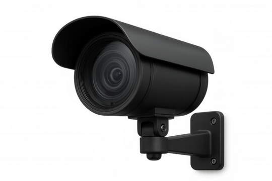 Black security camera ensuring safety and surveillance, featuring a transparent background for easy integration into various projects
