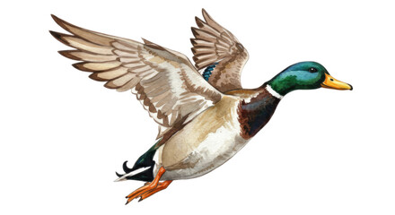 Obraz premium Majestic Mallard Duck in Flight Against a Soft Brown Blurred Background: A Detailed Illustration Featuring a Male Mallard Duck with Vibrant Green