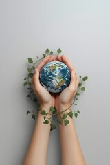 Hands gently holding a small globe wrapped with green ivy on neutral background, symbolizing sustainability, environmental care, eco responsibility, and nature protection concept