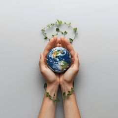 Hands gently holding a small globe wrapped with green ivy on neutral background, symbolizing sustainability, environmental care, eco responsibility, and nature protection concept