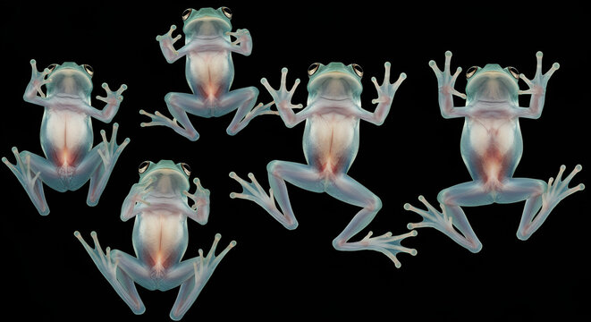 frog, Several transparent glass frogs with visible internal organs displayed against a black background