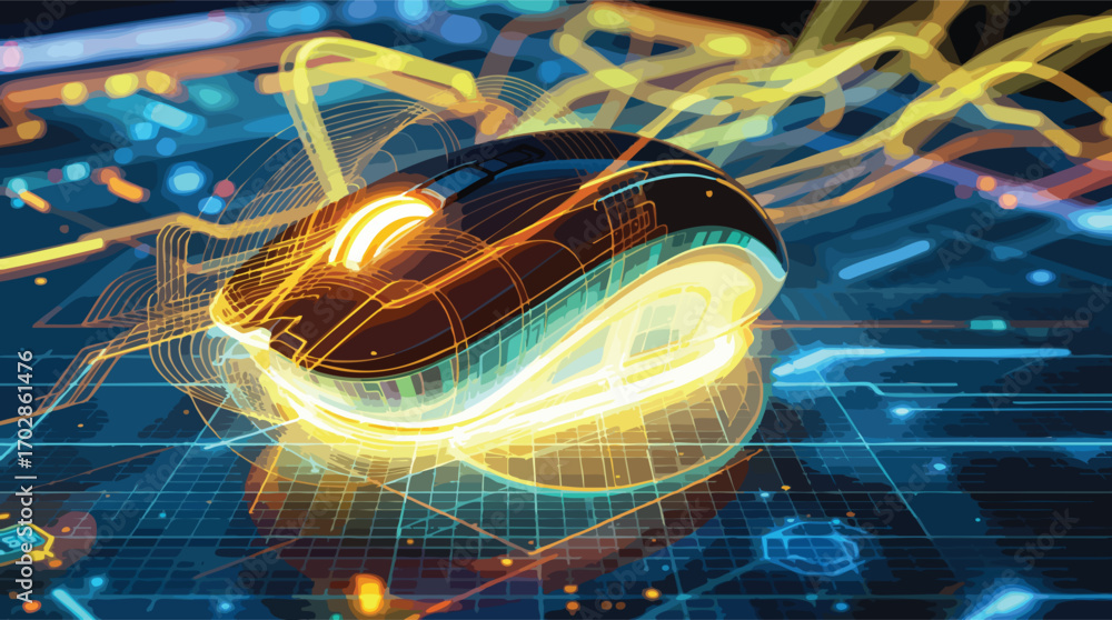 Aufkleber computer mouse with glowing yellow and blue digital network streams technology connection.