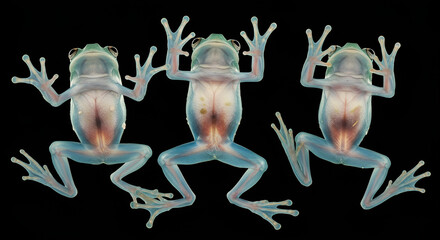 frog, Several transparent glass frogs with visible internal organs displayed against a black background