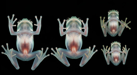 frog, Several transparent glass frogs with visible internal organs displayed against a black background