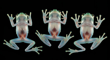 frog, Several transparent glass frogs with visible internal organs displayed against a black background