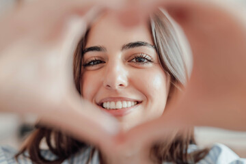 Beautiful woman showing heart sign with folded fingers smiling looking at camera, head shot...