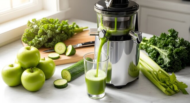 Fresh Green Juice Preparation with Juicer. - Powered by Adobe