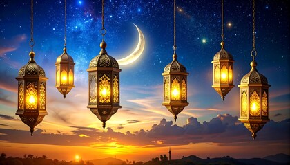 Obraz premium A celestial night scene showcases ornate lanterns glowing with warm light, set against a crescent moon and starry sky