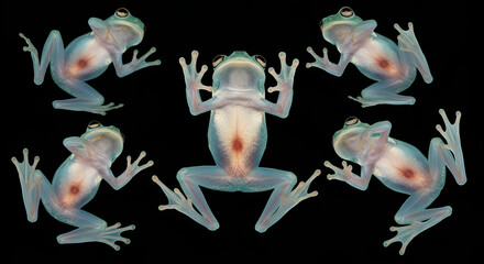 frog, Several transparent glass frogs with visible internal organs displayed against a black background