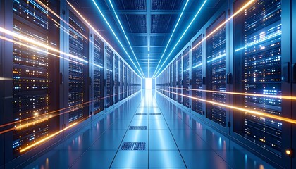 A futuristic data center hallway with server racks, neon lighting, and data streams, leading to a bright doorway