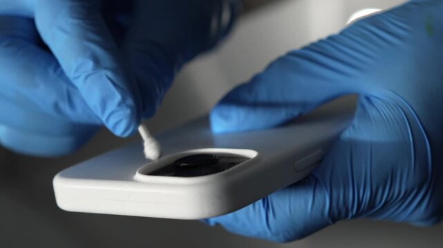 A forensic scientist in a lab searches for fingerprints on a smartphone.
Searching for physical evidence at a crime scene.
Germs and viruses on a smartphone.
Dirty phone case and dust cleaning.