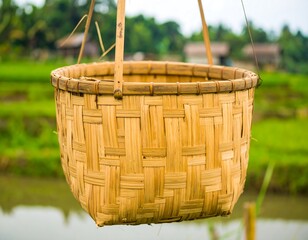 Woven bamboo basket hanging in a rice paddy