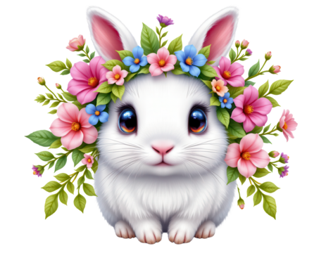 Cute Rabbit with Floral Crown Surrounded by Vibrant Flowers