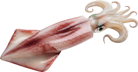 A whole raw squid with prominent tentacles and patterned mantle isolated on black seafood marine life transparent background