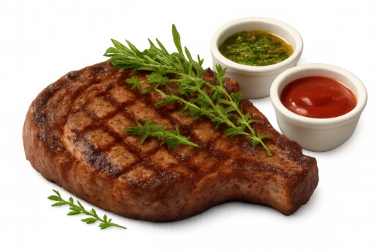 Rosemary-seasoned grilled ribeye steak resting on clean background, accompanied by complementary dipping sauces