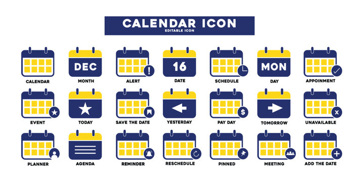 Calendar icon set. Containing date, schedule, month, week, appointment, agenda, organization and event icons. Solid icon collection.