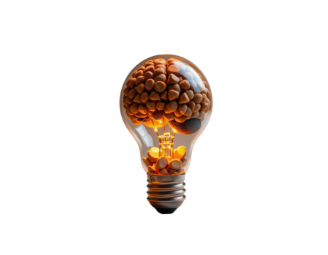 Conceptual light bulb with glowing brain made of coffee beans design