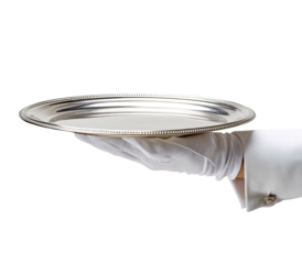A silver platter held by a gloved hand