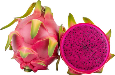 Whole dragon fruit and its vibrant magenta cut half revealing tiny black seeds within pitaya tropical transparent background