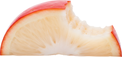A detailed close up slice of a red apple with a visible bite mark revealing its juicy flesh fruit food transparent background
