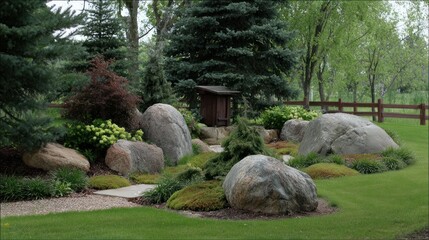 Landscaped garden with rocks and trees