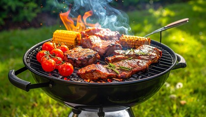 Grilled meats and corn on a barbecue