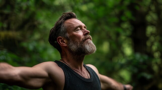 Peaceful Caucasian mature man with beard meditating outdoors with eyes closed in black tank top surrounded by green forest nature during wellness retreat - Powered by Adobe
