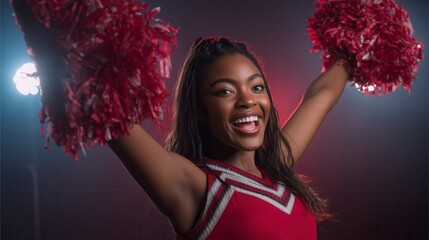 Enthusiastic Black female young adult cheerleader raising red pom-poms with bright smile in red and white uniform against dramatic purple backdrop with stadium lighting in sports entertainment