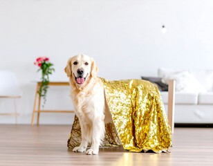 Golden Retriever dog in gold sequin cape, indoor shot