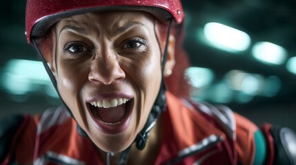 Ecstatic Black female athlete wearing red helmet and sports jersey celebrating victory with joyful expression in indoor sports arena, competitive sports environment